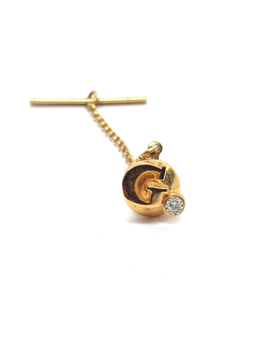 Gold Initial G Pin Chain Accent Clear Rhinestone Accent Monogram Brooch VTG